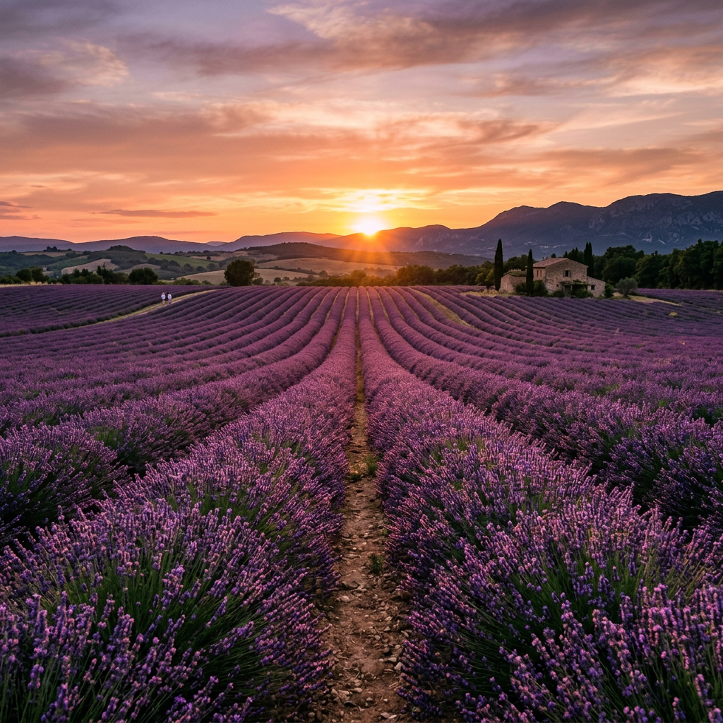 Rows of vibrant purple lavender bushes in a field at sunset with a house and mountains in the background